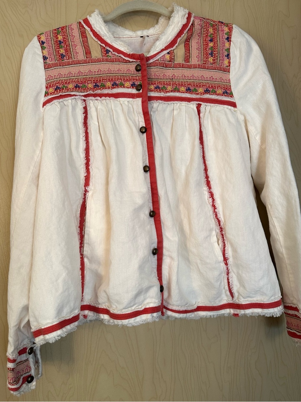 Free People Cream Embroidered Button-Up Jacket with Red Trim